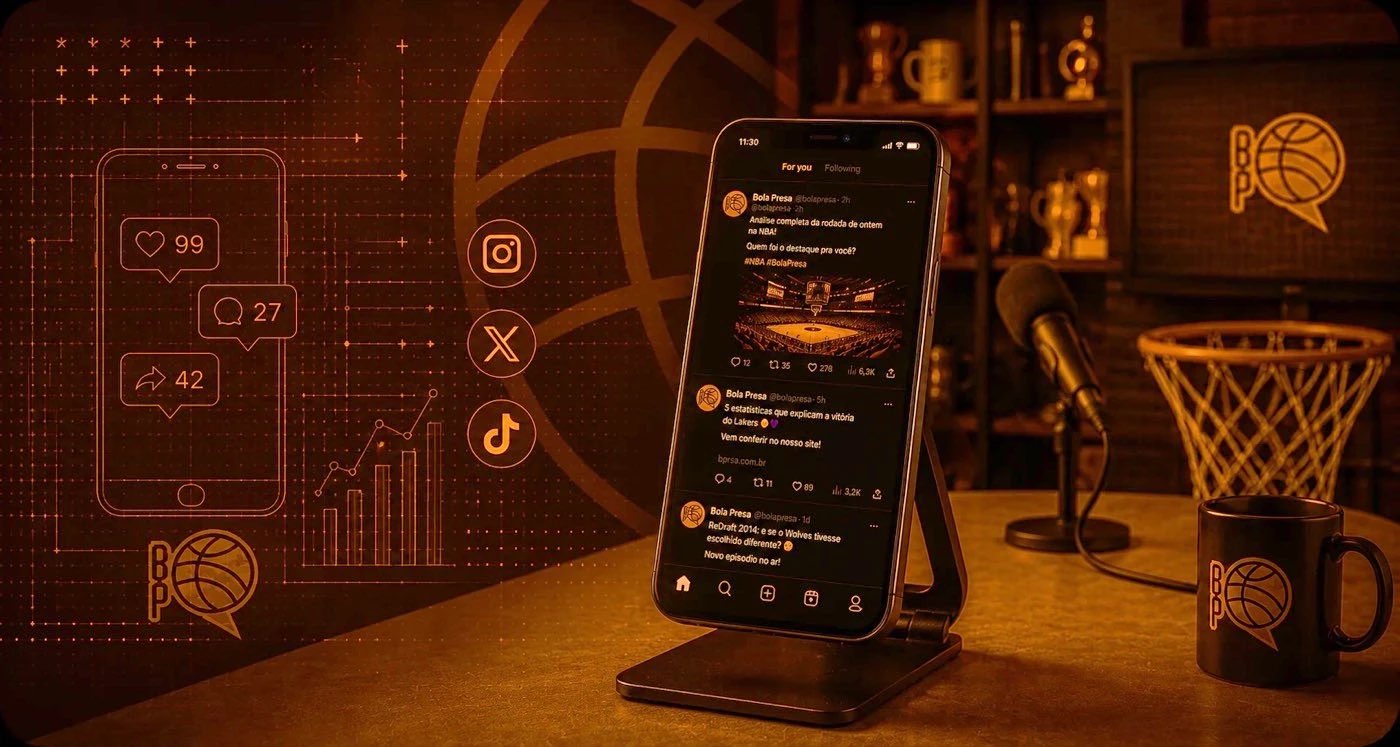 Celular com o feed do Bola Presa e ícones das redes sociais em tons de laranja